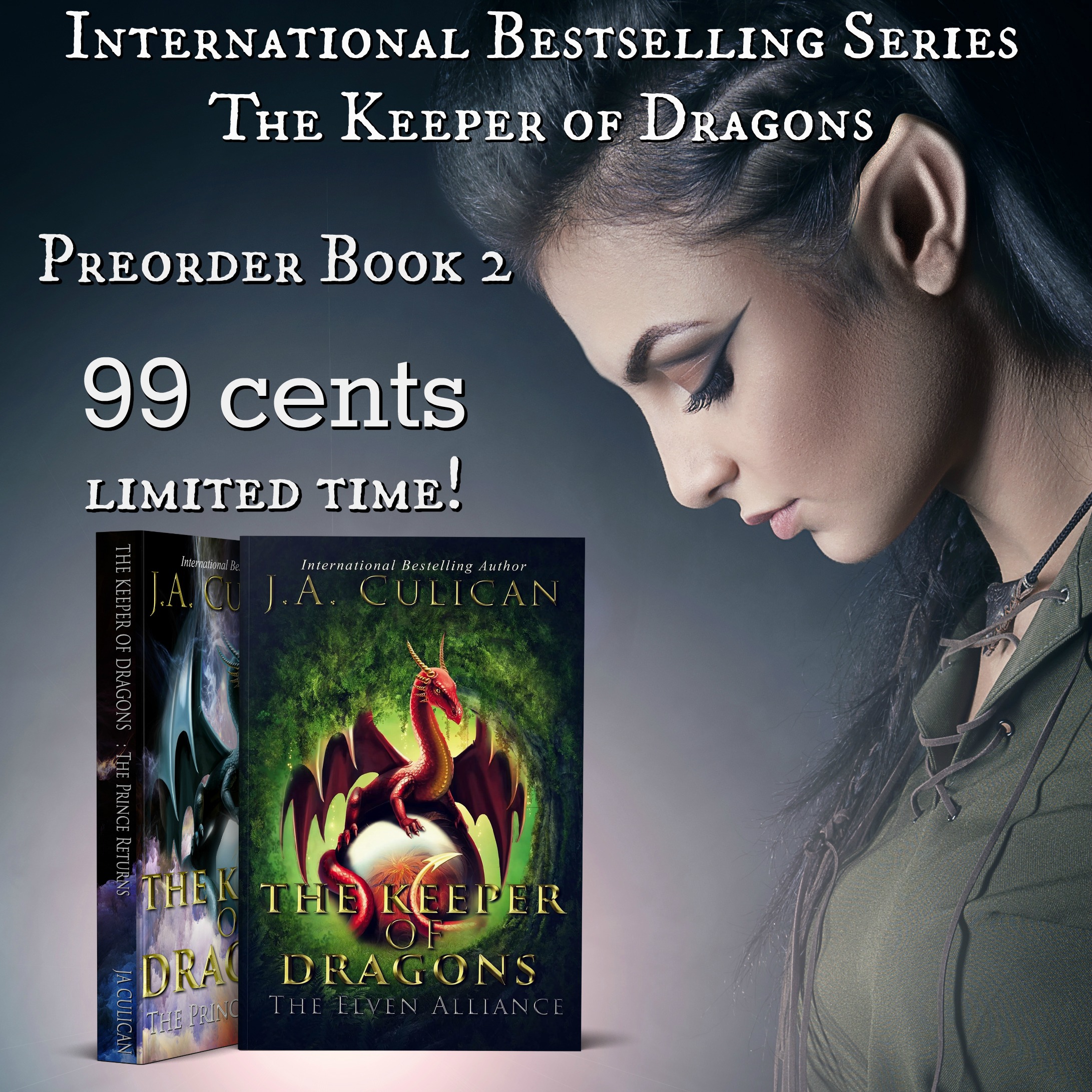 beautiful elf with fire in hands on a gray background